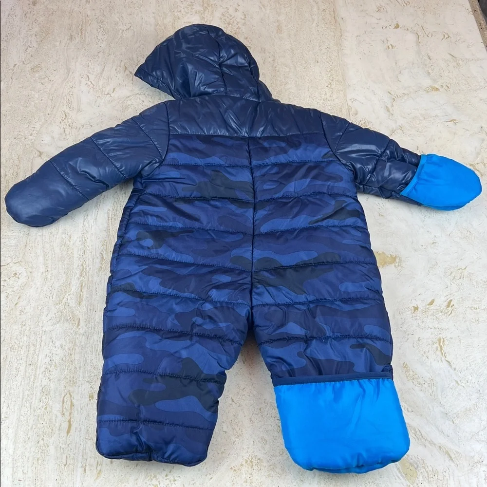 Carter’s baby snowsuit blue camo zip up size 6-9 months fold over hands / feet